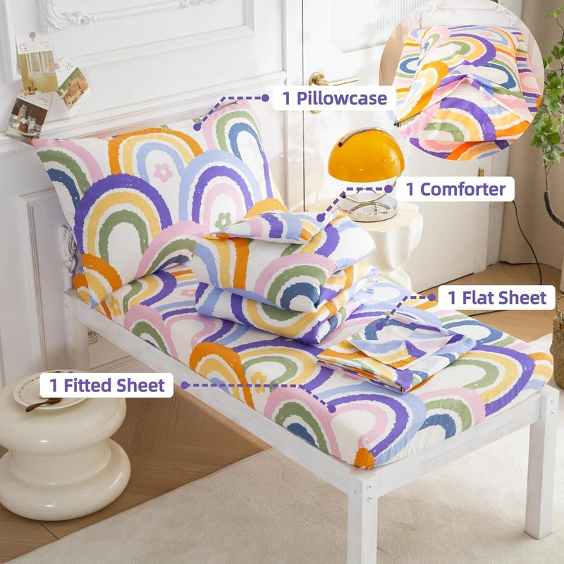 SDIII 4 Piece Rainbow Toddler Bedding Set, Soft Microfiber Toddler Bed Princess Bedding Set with Comforter, Fitted Sheet, Flat Sheet and Pillowcase - Image 5